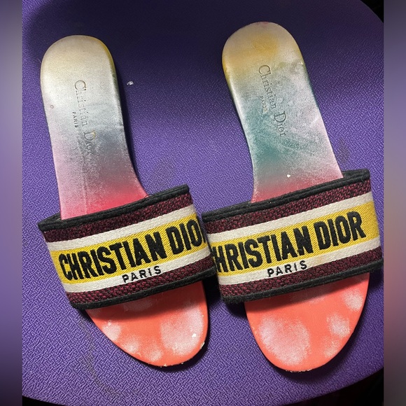 Christian Dior Dway Rainbow Multicolor Embroidered Logo Slides Sz 10 Sandals - Picture 11 of 14